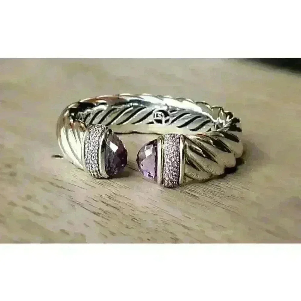 David Yurman 925 Sterling Silver Waverly 18mm Amethyst Hinged Cuff Bracelet - Picture 2 of 7